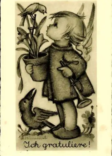 Künstler Ak Hummel, Berta, Ich gratuliere, Mädchen mit Blumentopf, Trompete, Vögel, Nr. 4428