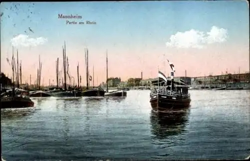 Ak Mannheim in Baden, Partie am Rhein, Schiffe, Hafen