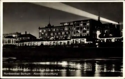 Ak Insel Borkum, Abendbeleuchtung, Leuchtturmlicht