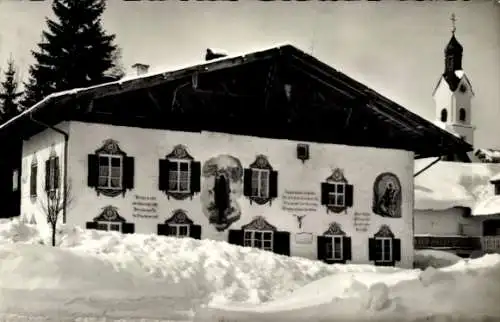 Ak Bad Kohlgrub in Oberbayern, Haus Zum Jäger, Winter, Kirchturm