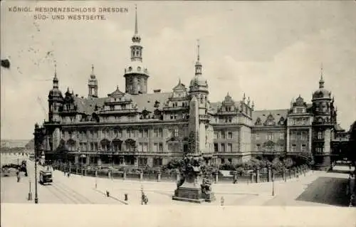 Ak Dresden, königliches Residenzschloss, Süd- und Westseite, Straßenbahn