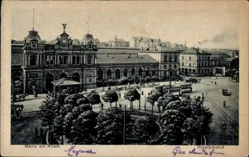 Ak Mainz am Rhein, Hauptbahnhof, Straßenbahn