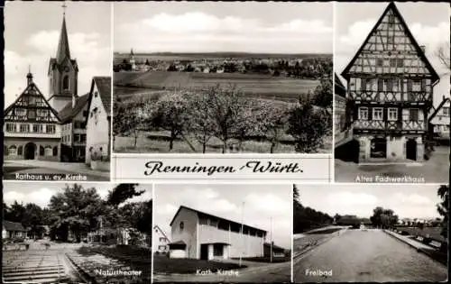 Ak Renningen in Württemberg, Rathaus, Altes Fachwerkhaus, Naturtheater, Kirche, Freibad