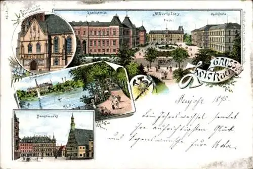 Vorläufer Litho Zwickau Sachsen, Albertplatz, Landgericht, Realschule, Hauptmarkt, Schwanenteich