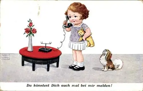 Künstler Ak Wills, J., Mädchen beim Telefonieren, Hund, Teddy, Du könntest Dich auch mal melden