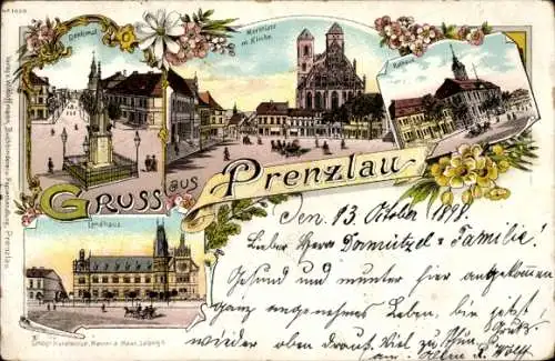 Litho Prenzlau in der Uckermark, Marktplatz, Kirche, Rathaus, Landhaus, Denkmal