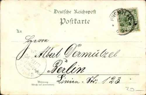 Litho Prenzlau in der Uckermark, Marktplatz, Kirche, Rathaus, Landhaus, Denkmal