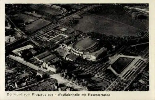 Ak Dortmund im Ruhrgebiet, Fliegeraufnahme, Westfalenhalle, Rosenterrasse