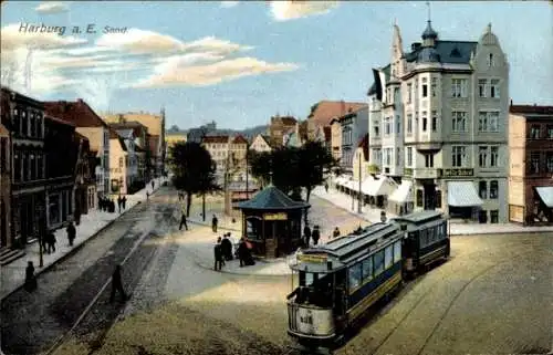 Ak Hamburg Harburg, Sand, Straßenbahn, Kiosk, Wohngebäude