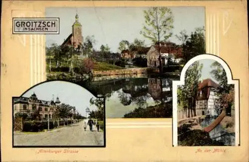 Passepartout Ak Groitzsch in Sachsen, Teilansicht, Mühle, Altenburger Straße