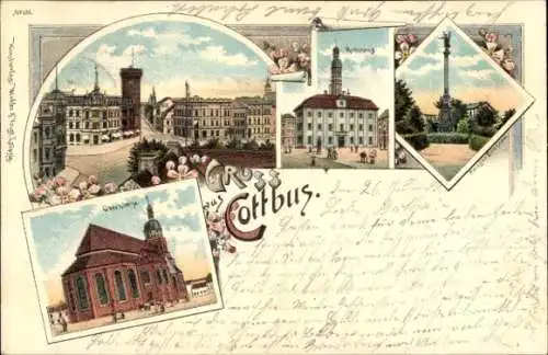 Litho Cottbus Brandenburg, Rathaus, Oberkirche, Kriegerdenkmal