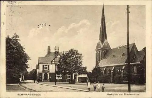 Ak Schwarzenbek in Lauenburg, Marktplatz mit Friedenseiche, Kirche