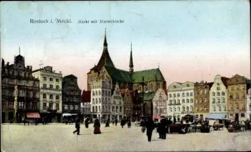 Ak Hansestadt Rostock, Markt mit Marienkirche