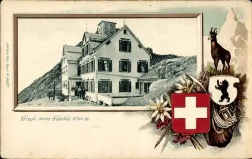 Präge Wappen Passepartout Ak Halbkanton Appenzell Außerrhoden, Berg Säntis, Haus auf dem Gipfel