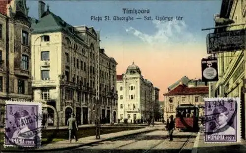 Ak Timișoara Temesvár Temeswar Rumänien, Piata Sf. Gheorghe, Straßenbahn