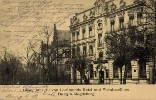 Ak Burg bei Magdeburg, Lachmunds Hotel, Wein-Verkauf