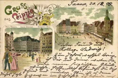 Litho Leipzig in Sachsen, Marktplatz, Cafe National, Bismarck-Haus