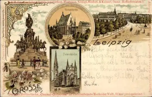 Litho Leipzig in Sachsen, Peterskirche, Thomaskirche, Siegesdenkmal