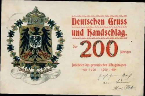 Glitzer Wappen Litho Deutscher Gruß und Handschlag, 200 Jahre Preußisches Königshaus 1901