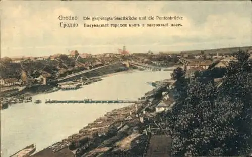 Ak Hrodna Grodno Weißrussland, gesprengte Stadtbrücke, Pontonbrücke