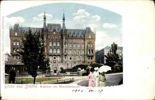 Ak Szczecin Stettin Pommern, Rathaus, Manzelbrunnen