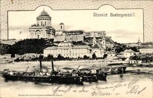 Ak Esztergom Gran Ungarn, Teilansicht, Boote