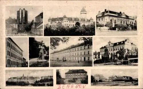 Ak Benešov Beneschau Mittelböhmen, Teilansicht, Burg, Denkmal