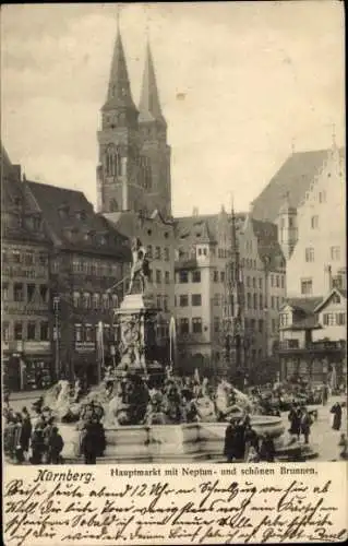 Ak Nürnberg in Mittelfranken, Hauptmarkt, Neptunbrunnen, schöner Brunnen