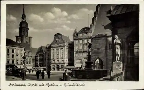 Ak Dortmund im Ruhrgebiet, Markt mit Rathaus und Reinoldikirche