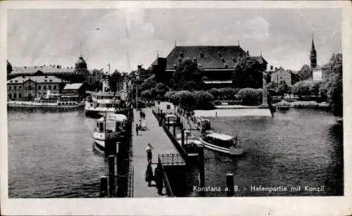 Ak Konstanz am Bodensee, Hafen, Konzil, Kirchturm, Schiffe