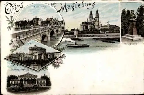 Litho Magdeburg, Zollbrücke, Theater, Friesen Denkmal, Dom, Herrenkrug