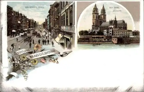 Litho Magdeburg an der Elbe, Der Breite Weg, Der Dom