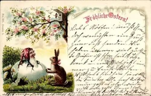 Litho Glückwunsch Ostern, Zwerg schlüpft aus einem Ei, Hase