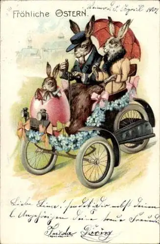 Litho Glückwunsch Ostern, Vermenschlichte Osterhasen, Familie im Automobil