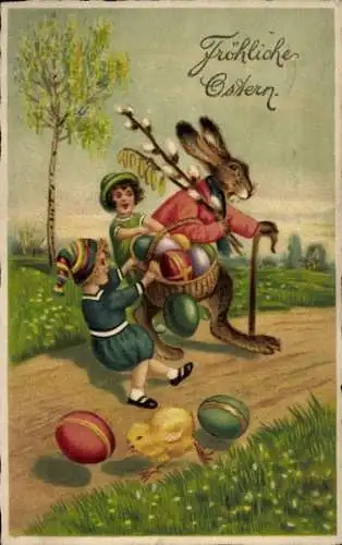 Ak Glückwunsch Ostern, Kinder halten Osterhasen fest, Ostereier