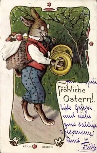 Ak Glückwunsch Ostern, Vermenschlichter Osterhase mit Pfeife