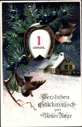 Ak Glückwunsch Neujahr, Vögel, Tannenzweige, Hufeisen