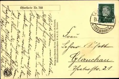 Scherenschnitt Ak Glückwunsch Ostern, Engel spielt Trompete