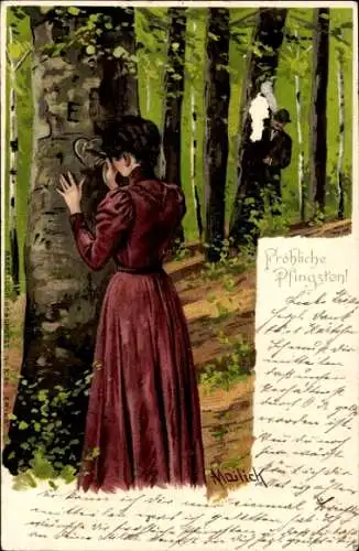 Künstler Litho Mailick, Glückwunsch Pfingsten, Frau schnitzt Herz in einen Baum, Birken