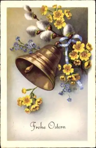 Ak Glückwunsch Ostern, Glocke, Weidenkätzchen, Blumen