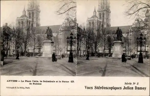 Stereo Ak Antwerpen, Grüner Platz, Kathedrale, Statue Rubens