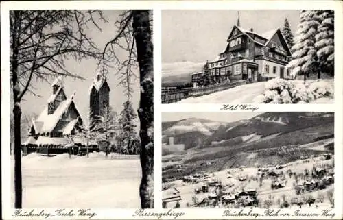 Ak Karpacz Górny Brückenberg Krummhübel Riesengebirge Schlesien, Hotel Wang, Kirche Wang, Winter