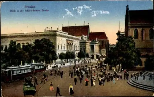 Ak Wrocław Breslau Schlesien, Schweidnitzer Straße, Straßenbahn