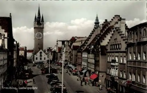 Ak Straubing an der Donau Niederbayern, Teilansicht, Ludwigsplatz, Turm, Turmuhr