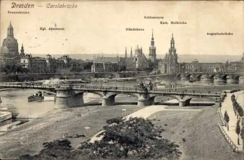 Ak Dresden Altstadt, Teilansicht, Carolabrücke, Schlossturm, Kath. Hofkirche, Ständehaus