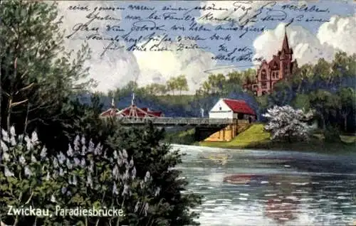 Künstler Ak Zwickau in Sachsen, Blick auf die Paradiesbrücke, WIRO 1740