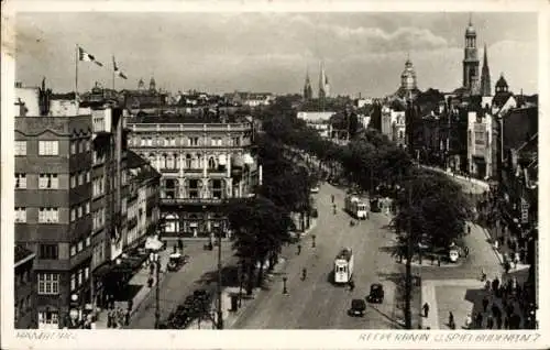 Ak Hamburg Mitte St. Pauli, Reeperbahn, Spielbudenplatz, Straßenbahnen