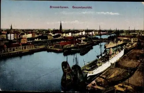 Ak Bremerhaven Bremen, Gesamtansicht vom Hafen, Dampfschiffe