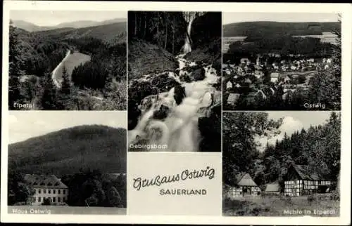 Ak Ostwig Bestwig Nordrhein Westfalen, Panorama, Elpetal, Mühle, Gebirgsbach, Haus Ostwig