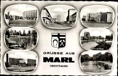 Ak Marl in Westfalen, Theater, Parkbad, Volkspark, Chemische Werke